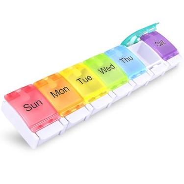 Imagem de Organizador semanal de comprimidos, caixa de comprimidos para viagem de 7 dias com compartimentos de mola, pode conter vitaminas, suplementos e medicamentos (multicolorido)