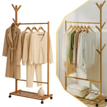 Imagem de Mancebo Cabideiro Com Rodinhas 155cm Bambu Chão Arara Roupas