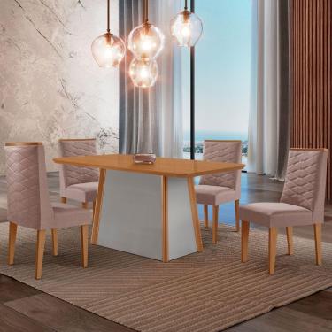 Imagem de Mesa De Jantar Diane 120cm Tampo Mdf Lam 4 Cadeiras Safira Moderna Linho Capuccino Naturale Off White