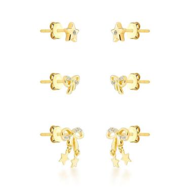 Imagem de Trio De Brincos Laços Delicados Banhado A Ouro 18k