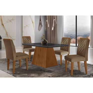 Imagem de Sala De Jantar Completa Luna C- Tampo Madeirado Vidro Canto Curvo 120x80cm E 4 Cadeiras Jade Imbuia-grafite - Suede Capuccino - Rufato