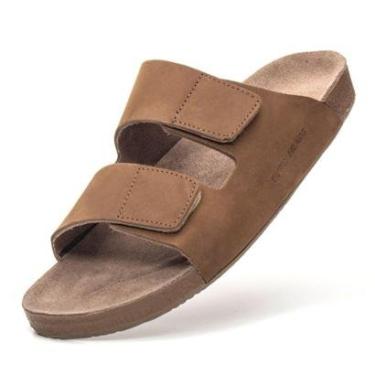 Imagem de Sandália Masculina Papete Couro Legitimo Burly Heads Fecho Adesivo Taupe-Masculino