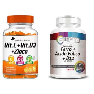 Imagem de Ferro + Ácido Fólico + Vitaminas B12 C D3 Zinco 60 Capsulas - Flora Na