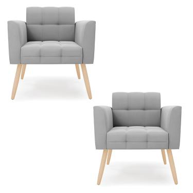 Imagem de Kit 2 Poltronas Elisa Suede Cinza Pés Palito Natural D03 - D'Rossi