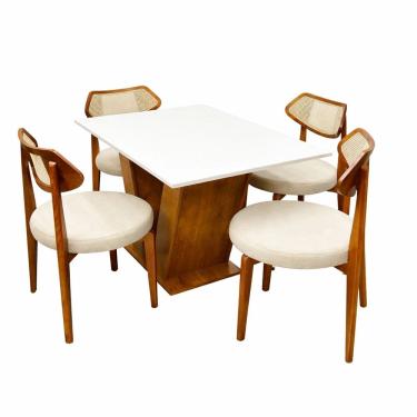 Imagem de Mesa de Jantar Classic 120x80cm com Vidro e 4 Cadeiras Athenas em Linho Madeira Cel Móveis Cor Cinamomo Off White com Tecido Bege