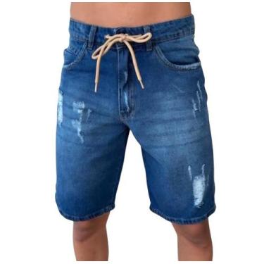 Imagem de Bermuda Jeans Masculina Streetwear com Cordão e Detalhes Destroyed COR