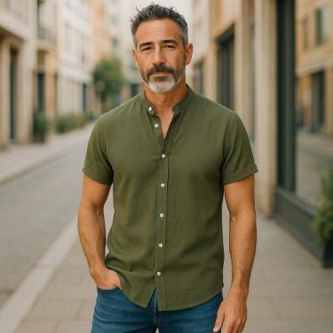 Imagem de Camisa Social Botão Manga Curta Masculina Gola Padre - Volgue, Verde m