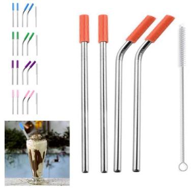 Imagem de Canudos Aço Inox Milk Shake Silicone 7mm kit 4 Reutilizaveis - AB MIDI