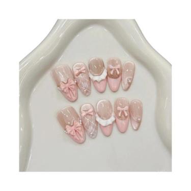 Imagem de Unhas Postiças Rosa Estilo Francês Com Laço 3D, 10 Peças, Formato Amên