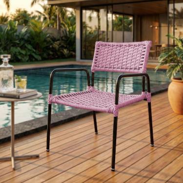Imagem de Poltrona Porã Junco Sintético Aço Preto Com Braços Para área Externa Varanda E Piscina Lazer - Rosa