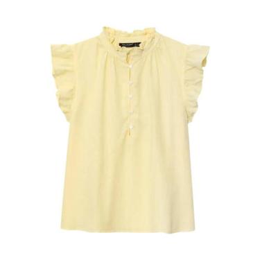 Imagem de Camisa Casual Solta Feminina Neon Com Gola De Linho E Manga Curta Verã