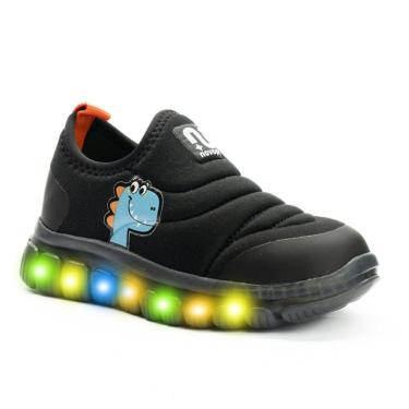 Imagem de Tênis Infantil Meninos Novopé Dino com Led Preto - 1050-Masculino