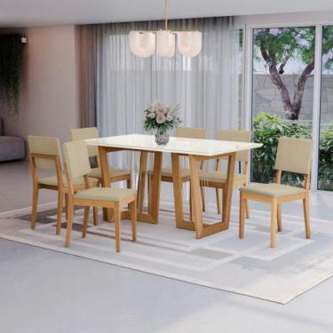 Imagem de Conjunto Sala de Jantar Dora em Madeira Maciça 6 Cadeiras Boucle Bege 