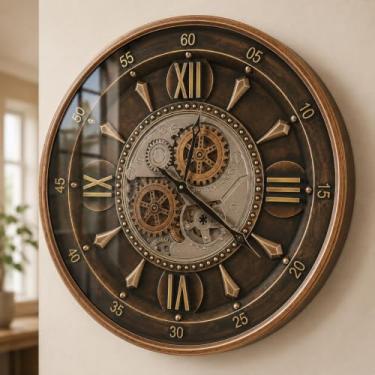 Imagem de October Elf Relógio de parede de 61 cm com engrenagens móveis grande industrial steampunk relógio de metal antigo dourado grande decoração de casa de fazenda relógio de parede para sala de estar