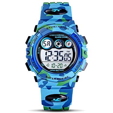 Imagem de GOLDEN HOUR Relógios para crianças, relógio digital esportivo, à prova d'água, para meninos, ao ar livre, alarme de 12/24 H, eletroluminescente, cronômetro, relógio de pulso infantil para idades 5-12, Camo/Azul claro