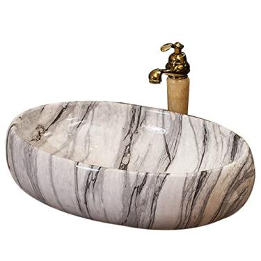 Imagem de jinyi2016SHOP Pias de vaso 40,64 cm x 33,02 cm Conjunto de pia de bancada de cerâmica oval com padrão de mármore, pia única com torneira para pias de banheiro de lavatório e banheiro
