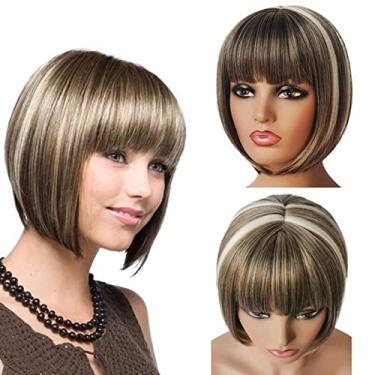 Imagem de Peruca de cabelo liso curto, cabeça bob, simulação couro cabeludo, peruca marrom claro