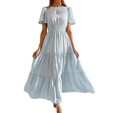 Imagem de Floerns Vestido maxi feminino de manga curta gola redonda com estampa floral franzida, B Azul claro, XXG