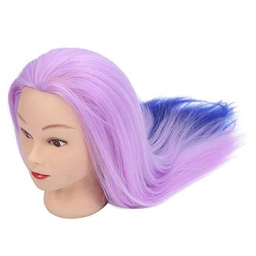 Imagem de Cabeça de manequim de trança, cabeça de manequim com cabelo, tamanho pequeno, durável, amplamente utilizado, boa sensação de mão para cabeleireiro para barbearia (roxo claro)