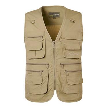 Imagem de Colete Masculino de Fotografia de Pesca de Algodão com Zíper com Vários Bolsos Jaqueta sem Mangas Cáqui GG