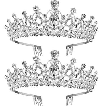 Imagem de TecUnite Pacote com 2 coroas de casamento, coroa de strass de cristal princesa com pente requintada faixa de cabeça, 2 Count (Pack of 1), liga metálica, strass