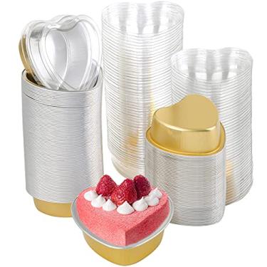 Imagem de SOUJOY 100 peças de muffins de alumínio para cupcake, forma de coração de 100 ml com tampas, copos descartáveis para pudim para dia dos namorados, dia das mães, casamento, Natal, aniversário