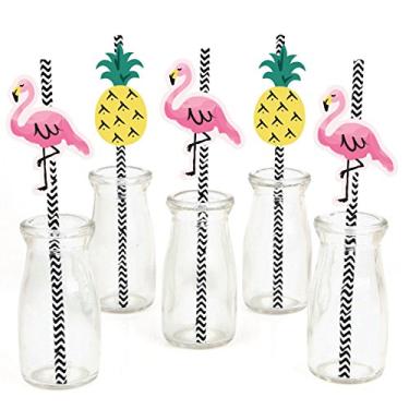 Imagem de Decoração de palha de papel de flamingo rosa - Festa como um abacaxi - Canudos decorativos listrados de verão tropical - Conjunto de 24