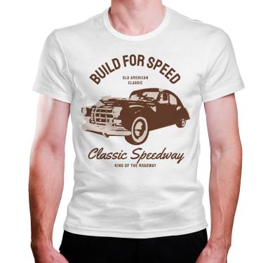 Imagem de Camiseta masculina branca Carro Vintage Retro Build For Speed