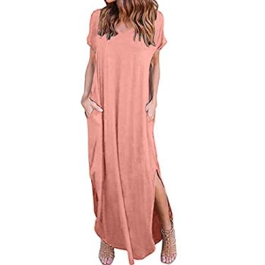 Imagem de Vestidos de verão 2023 femininos com decote em V, cor lisa, moda, casual, com bolso, dividido, vestido longo, cor lisa, babados, praia, rosa, G