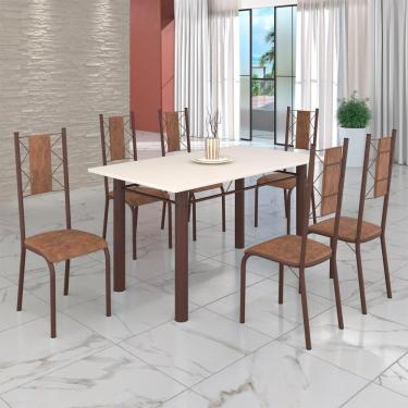 Imagem de Conjunto Sala de Jantar Bahia Mesa Tubo 140x75cm Tampo Madeira com 6 Cadeiras Courino Marrom / Marrom