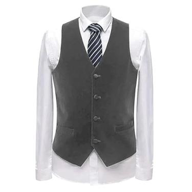 Imagem de Aesido Colete masculino de negócios com decote em V de veludo slim fit para padrinho de casamento, Cinza, X-Large
