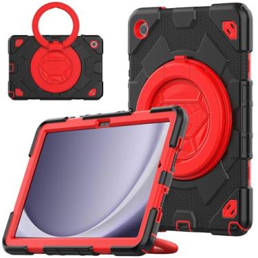 Imagem de Capa para Samsung Galaxy Tab A9 Plus de 11 polegadas (SM-X210/X216/218) Capa macia de silicone de três prevenção resistente à prova de choque com suporte embutido 360° alça de mão para capa A9 Plus (preto + vermelho)