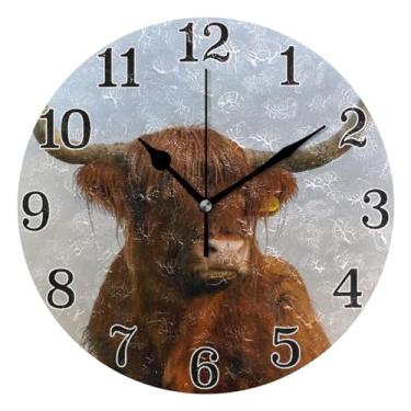 Imagem de KLL Retrato marrom Scottish Highland Gado vaca relógio de parede, 25,4 cm silencioso sem tique-taque operado por pilha, relógio de parede redondo para casa, cozinha, sala de estar, escritório, quarto