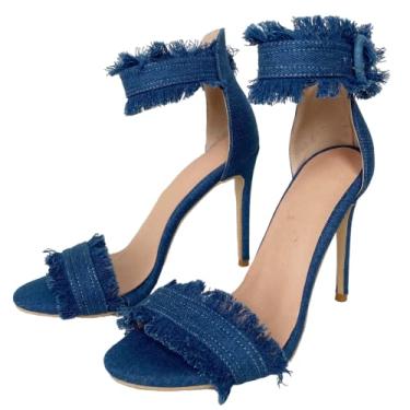 Imagem de Frankie Hsu Sandálias stiletto jeans sexy, tecido de franjas azuis estilo salto alto, tamanho grande para namoro sapatos de férias para mulheres e homens, Azul, 19