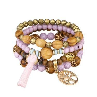 Imagem de Conjunto de 4 peças de pulseiras empilháveis boêmias para mulheres, meninas, homens, elásticas, multicamadas, berloques coloridos, árvore da vida, borlas, joias hippie, delicadas, presente de melhor