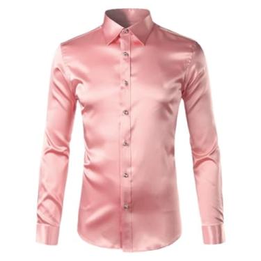 Imagem de Camisa social masculina lisa com gola virada para baixo, manga comprida, casual, abotoada, rosa, XXG