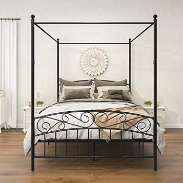 Imagem de Moldura de cama queen size para plataforma de quarto, moldura de cama de metal tamanho queen size estilo vintage com 4 pinos 212 x 152 x 192 cm, preto