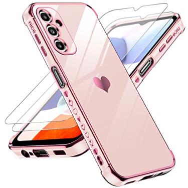 Imagem de LeYi Capa para Samsung Galaxy A14 5G com protetor de tela de vidro temperado [2 peças], amor coração chapeando mulheres mulheres bonito luxo macio TPU capa à prova de choque para Samsung A14 5G, rosa