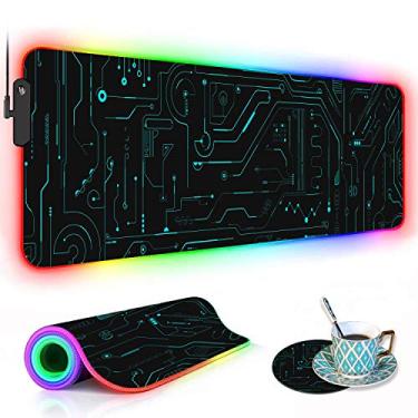 Imagem de Mouse pad RGB para jogos com porta-copos de café, 2GG grande com LED brilhante, base de borracha antiderrapante, teclado de computador mesa mouse pad 70 x 29 cm - padrão de placa de circuito
