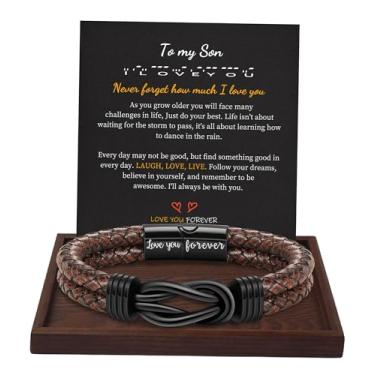 Imagem de Presentes de Natal para homens pulseira de couro marrom preto trançado Forever I Love You presentes para ele pulseiras de punho infinito presentes de aniversário para namorado filho neto marido pai homens meias de enchimento para meninos adolescentes, 9 Inches, Metal, Sem pedras preciosas