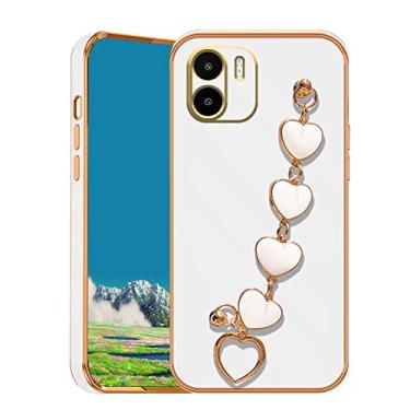 Imagem de Wousunly Compatível com Redmi A1 capa de silicone com pulseira de coração corrente rosa, revestimento para Xiaomi Redmi A2 capa de telefone à prova de choque fina e macia (branca)