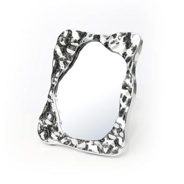 Imagem de Espelho estético irregular com suporte na parte de trás e moldura prateada ondulada de água, espelhos decorativos de mesa para quarto, sala de estar e espaços mínimos para decoração de quarto (QBR-15)