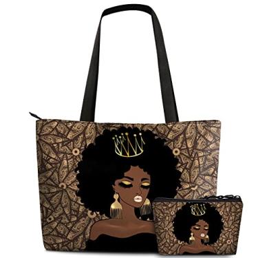 Imagem de FZNHQL Bolsas tote bolsas afro-americanas para mulheres negras moda bolsa de ombro praia trabalho viagem bolsa de presente, Menina preta/bolsa de cosmético-7, One Size