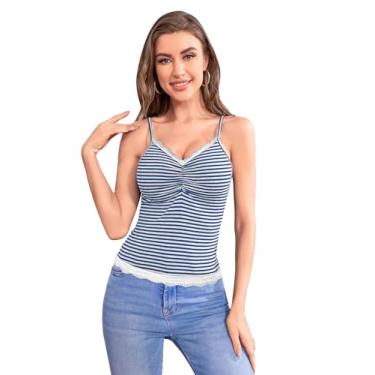 Imagem de SOLY HUX Camiseta feminina listrada com acabamento em renda e alças finas para verão Y2K, Listrado azul e branco, M