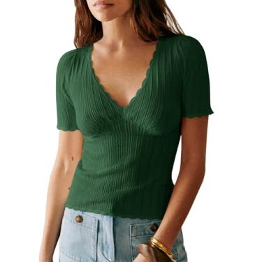 Imagem de Imily Bela Suéter feminino de manga curta casual de verão gola V slim fit malha pulôver leve, Verde, M