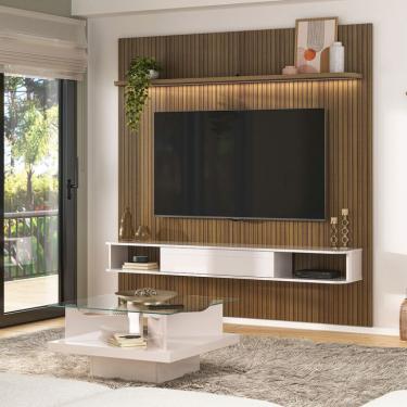 Imagem de Conjunto de Sala de Estar Beluno com Painel para TV até 75 polegadas com LED e Mesa de Centro Clear Carvalho e Off White