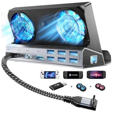 Imagem de Estação de ancoragem Steam Deck 11 em 1 para Steam Deck/Rog Ally/Switch/Legion Go Dual Cooling Fans 4K @60Hz, 1080P 6 portas USB, 1000Mbps, 100W tipo C Charing, adaptador DP1.2, 40Gbps