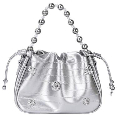 Imagem de COAIMANEY Bolsa feminina com laço brilhante de lantejoulas para noite, bolsa de mão com glitter e strass, bolsa de ombro para festa, formatura, casamento, #2411-prata, Bolsa de noite