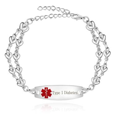 Imagem de Mayfaith Pulseira de identificação médica para diabetes tipo 1, etiqueta ajustável de aço inoxidável personalizada com corrente de coração de camada dupla, joia requintada de alerta médico para