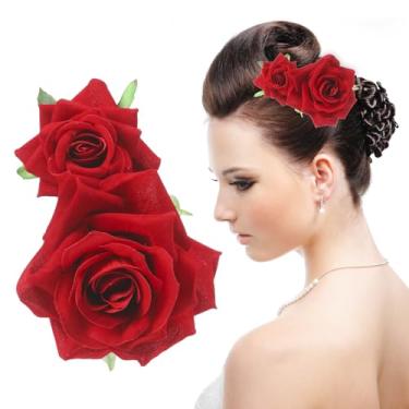 Imagem de Neptniopllab Clipe de cabelo com flor de rosa vermelha, broches florais de tecido rosa para mulheres, meninas, casamentos, festas, aniversários, acessórios para lembrancinhas de festa de aniversário